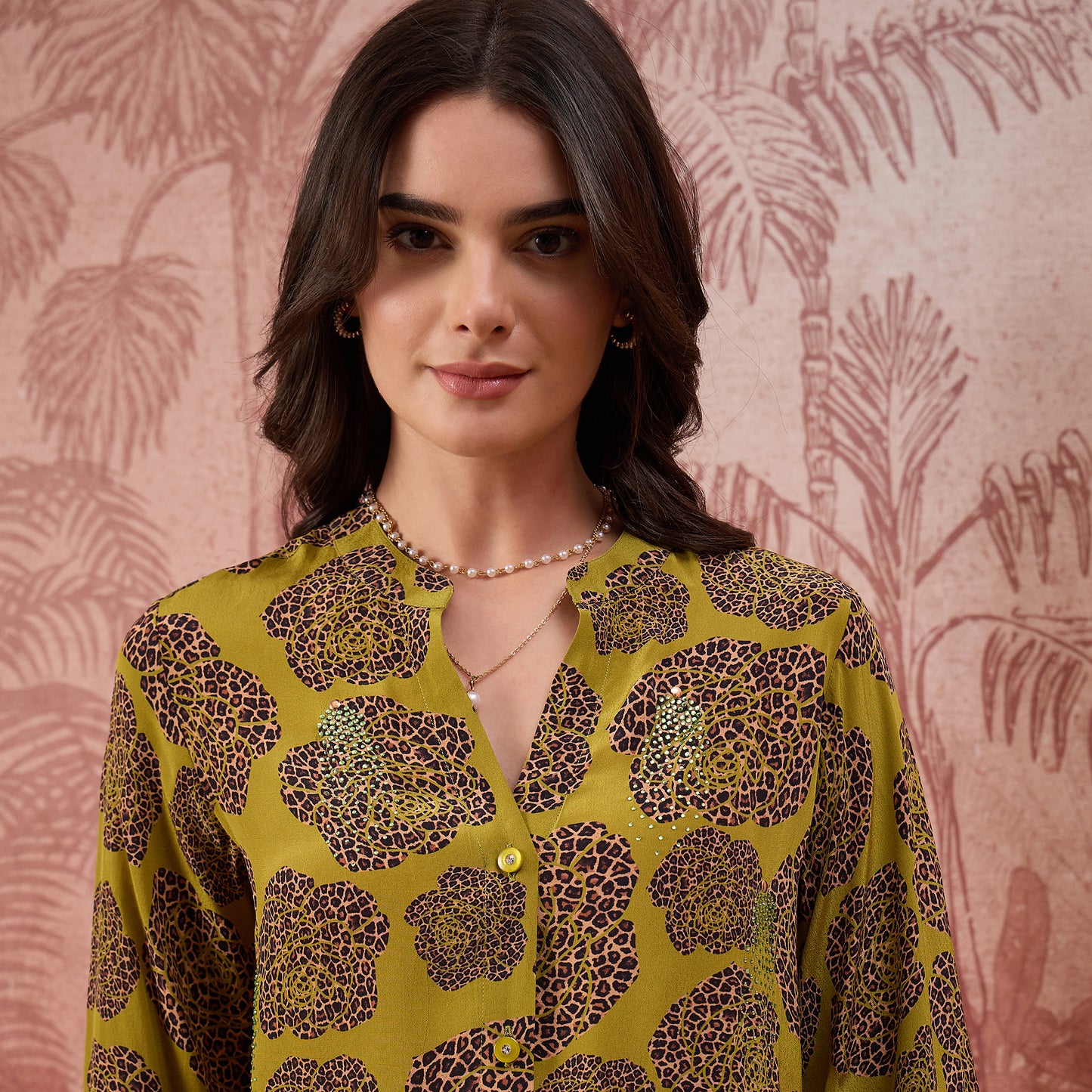 Green Leopard Patch Printed Embellished Shirt