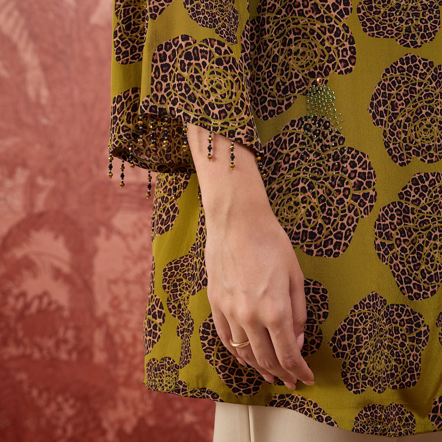 Green Leopard Patch Printed Embellished Shirt