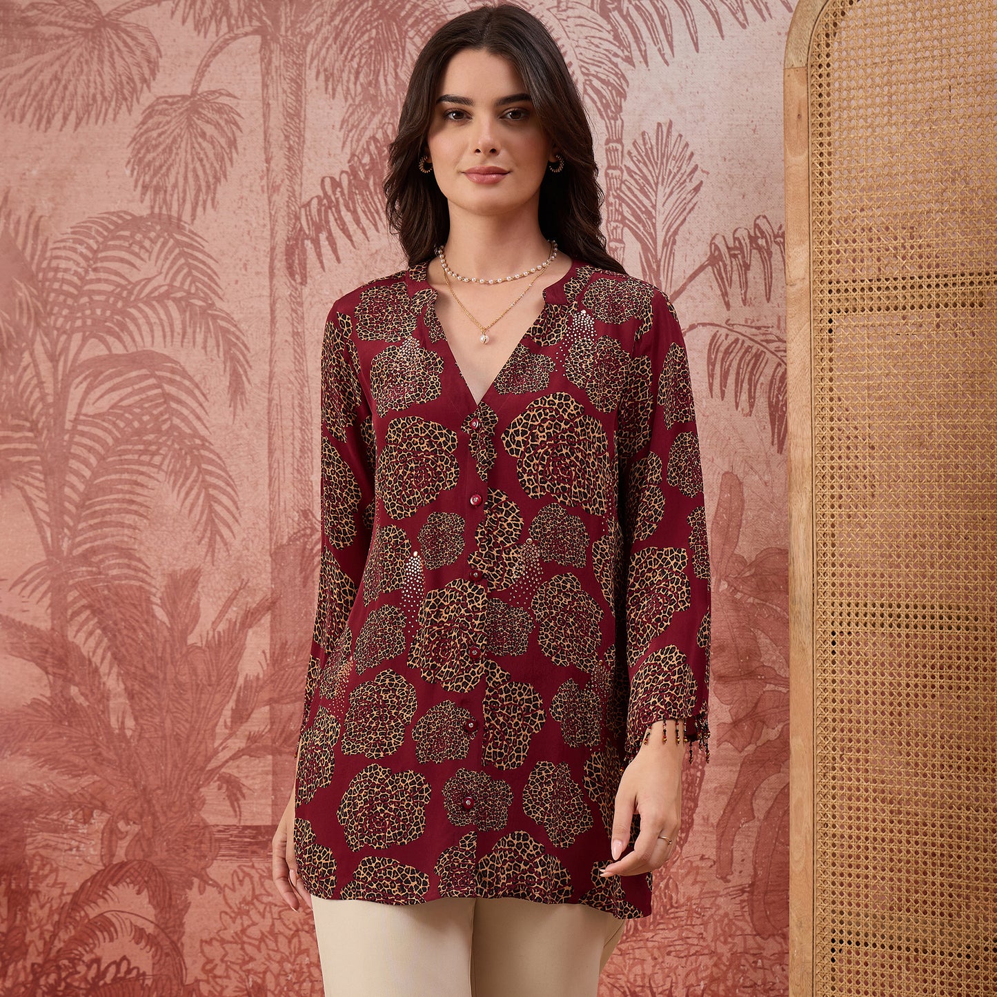 Red Leopard Patch Printed Embellished Shirt