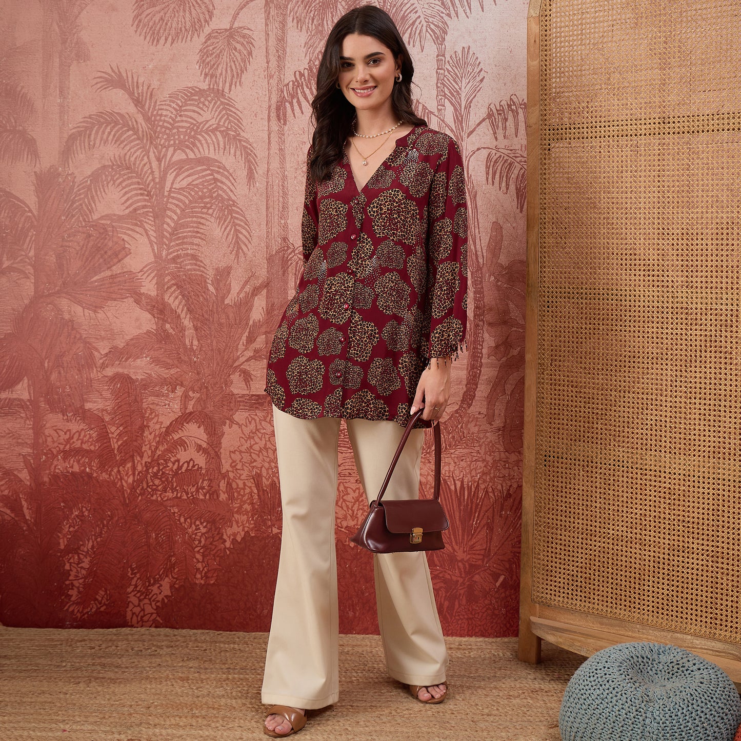 Red Leopard Patch Printed Embellished Shirt