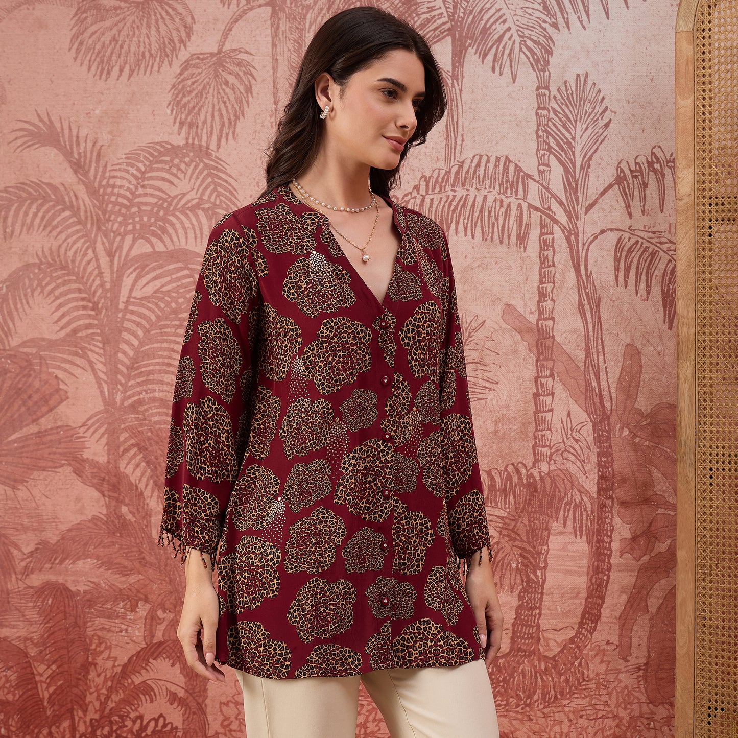 Red Leopard Patch Printed Embellished Shirt