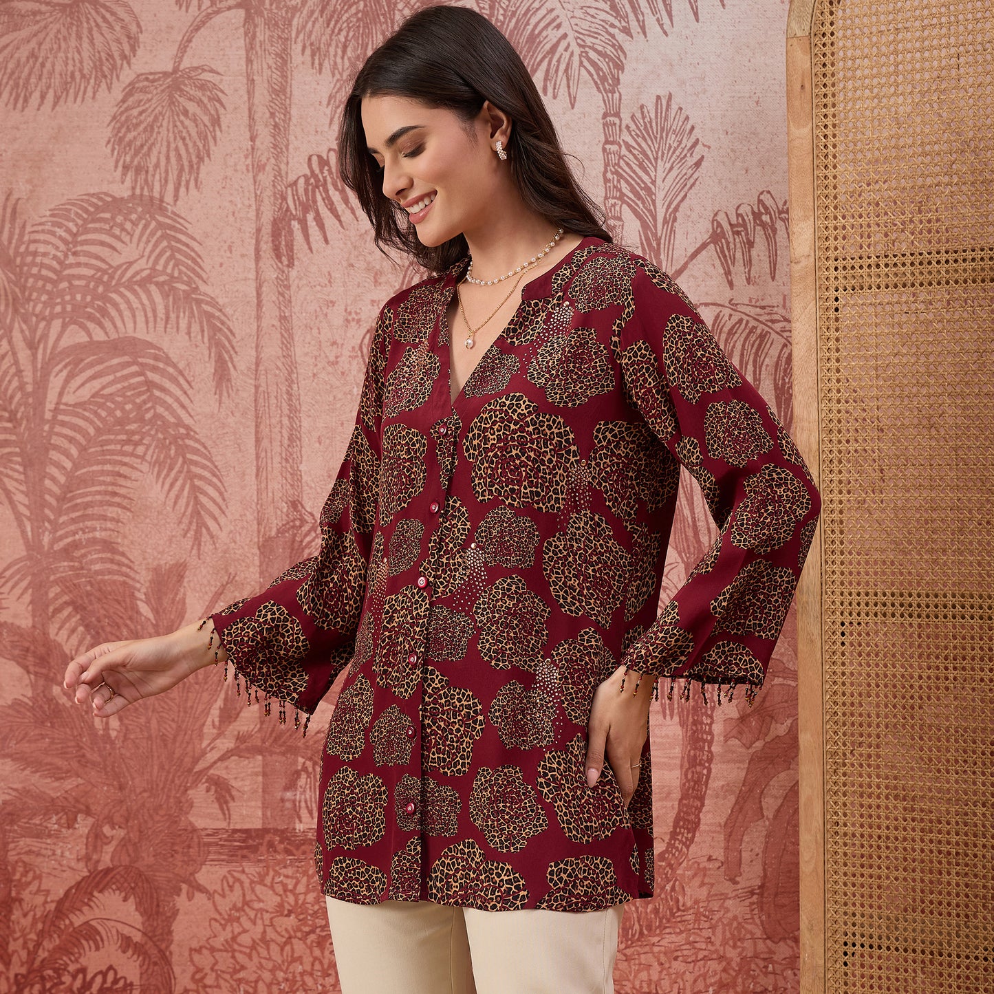 Red Leopard Patch Printed Embellished Shirt