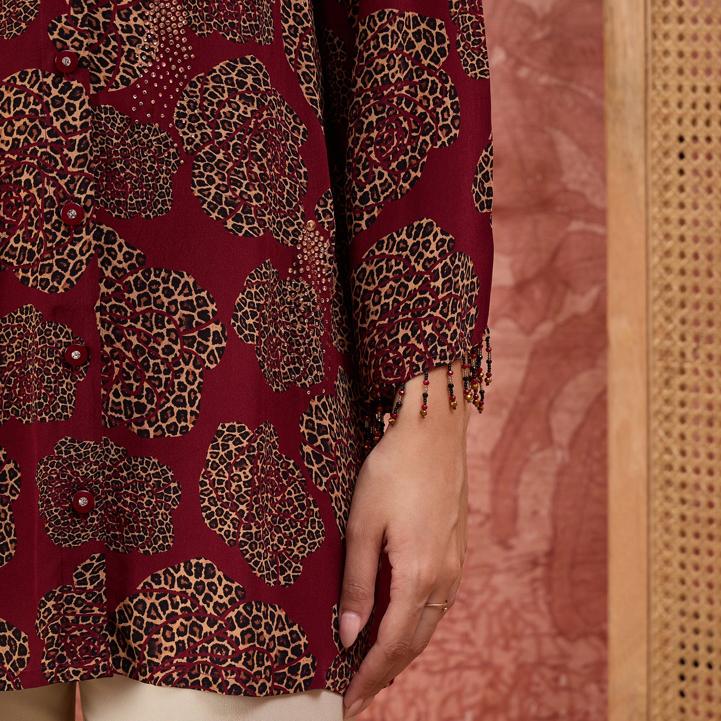 Red Leopard Patch Printed Embellished Shirt