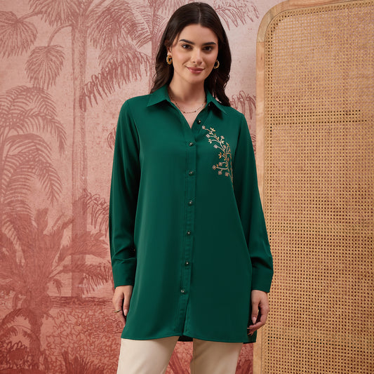 Green Embellished Casual Shirt