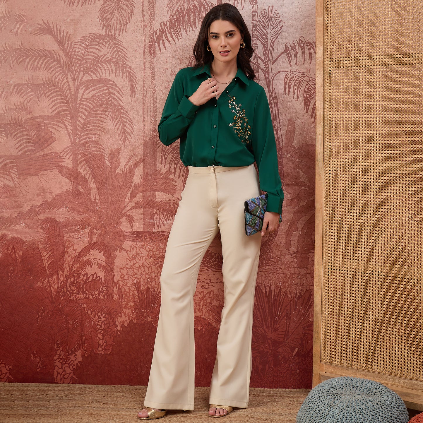 Green Embellished Casual Shirt