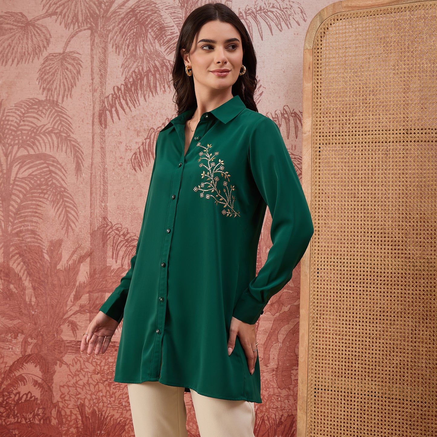 Green Embellished Casual Shirt