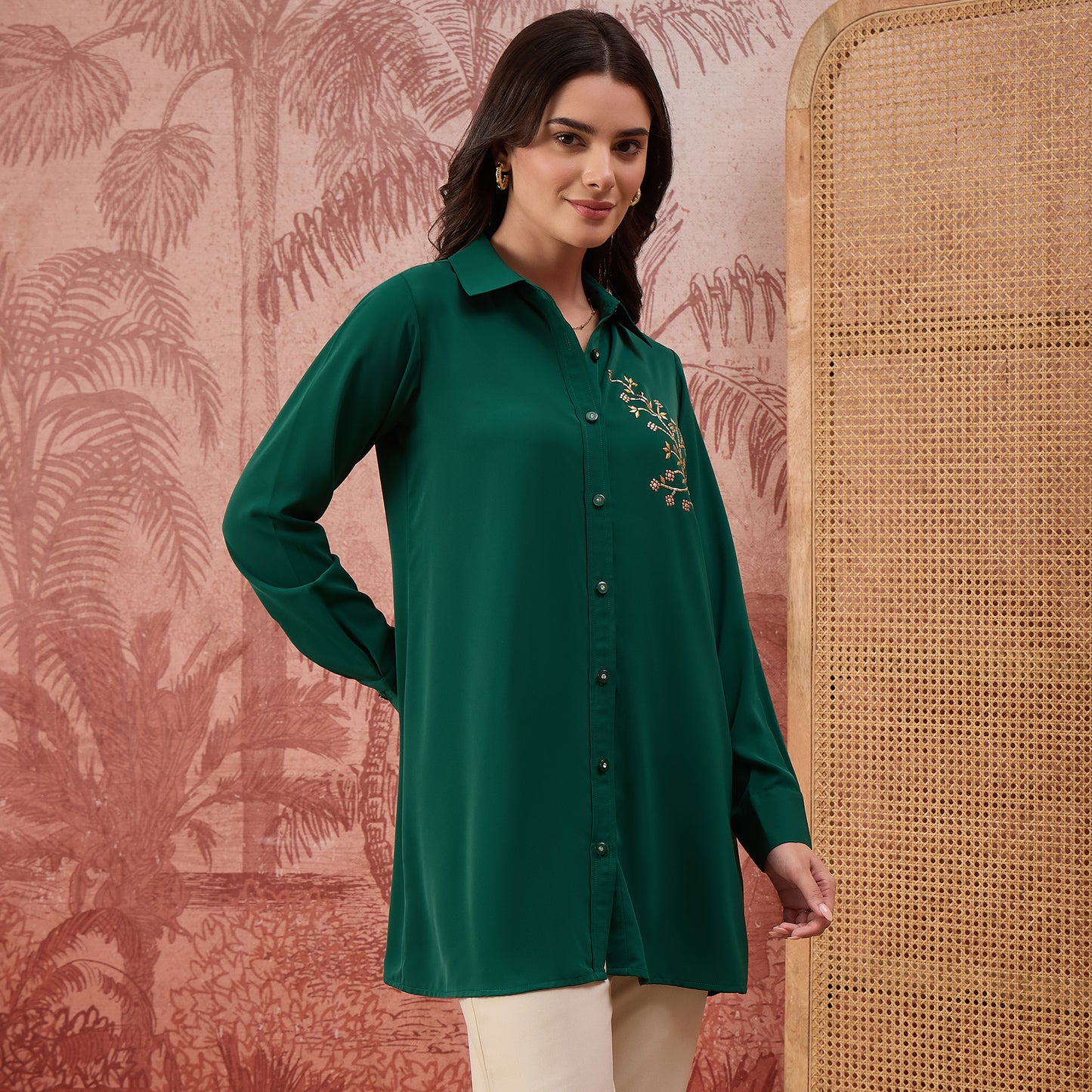 Green Embellished Casual Shirt