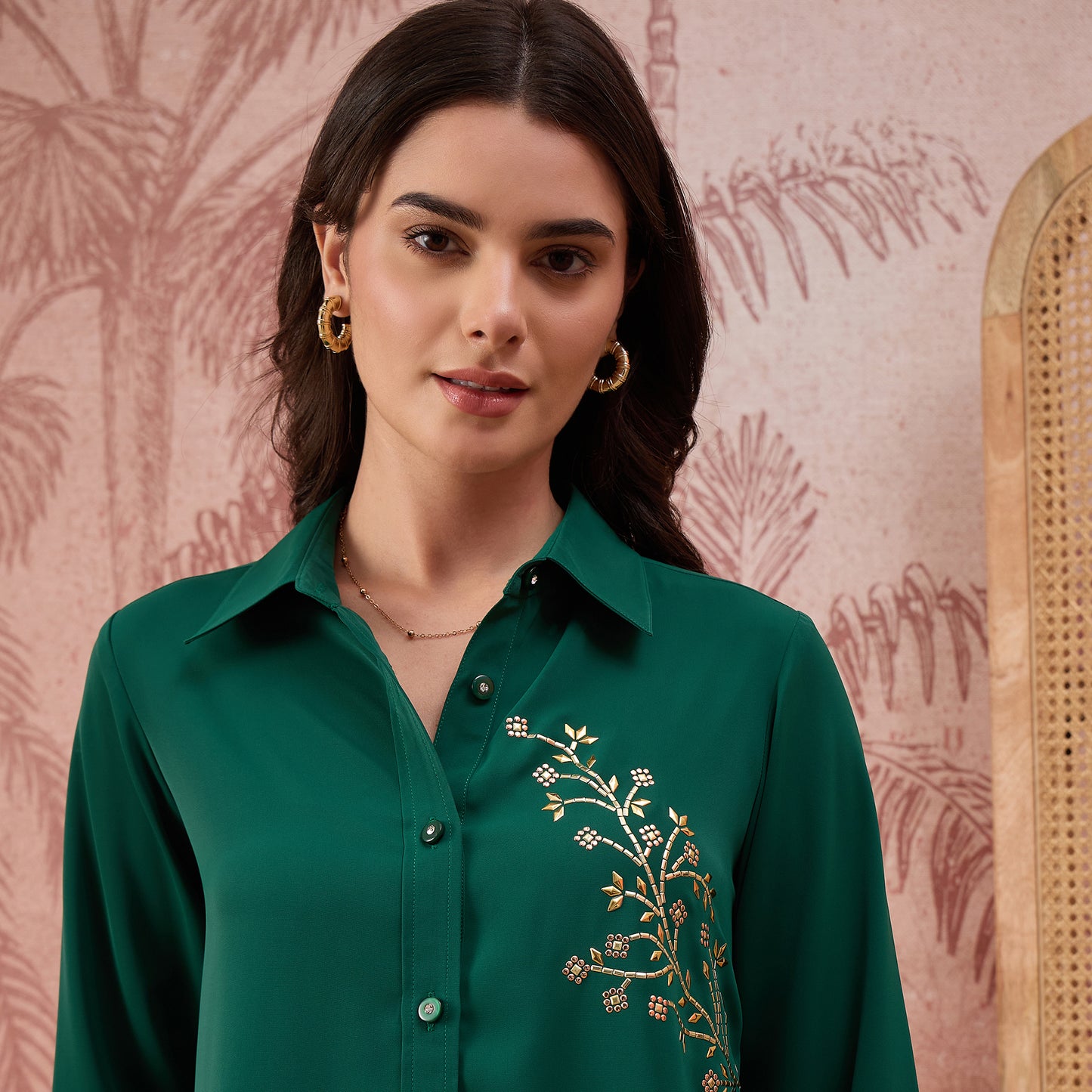 Green Embellished Casual Shirt