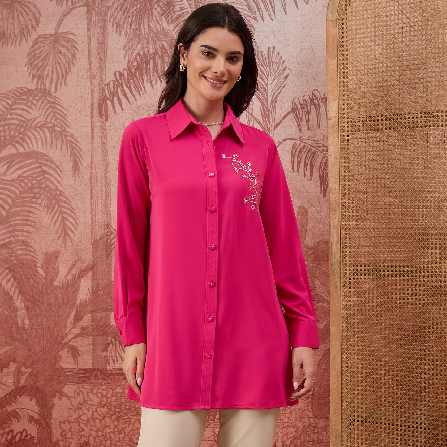 Pink Embellished Casual Shirt