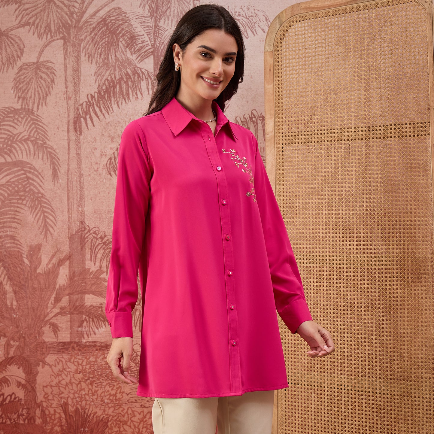 Pink Embellished Casual Shirt