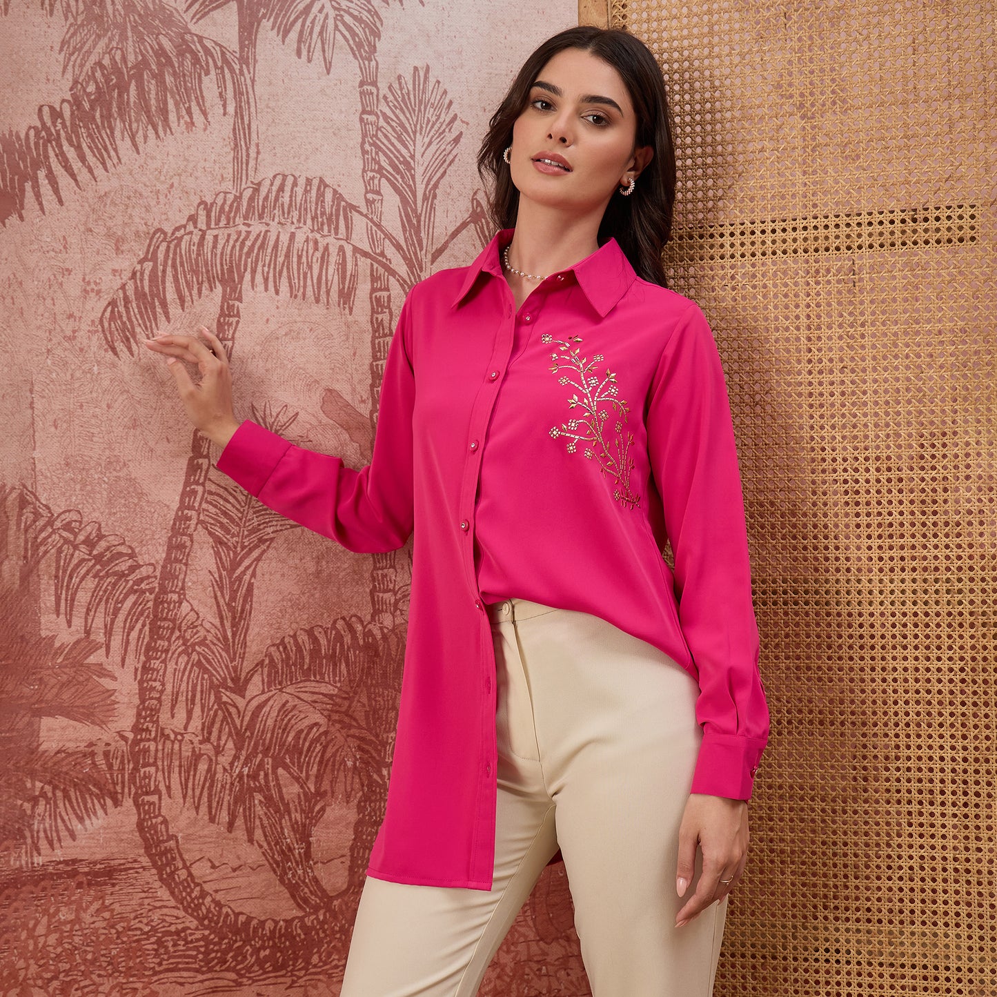 Pink Embellished Casual Shirt