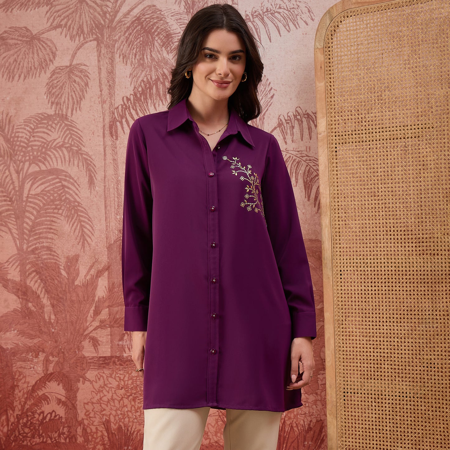 Purple Embellished Casual Shirt