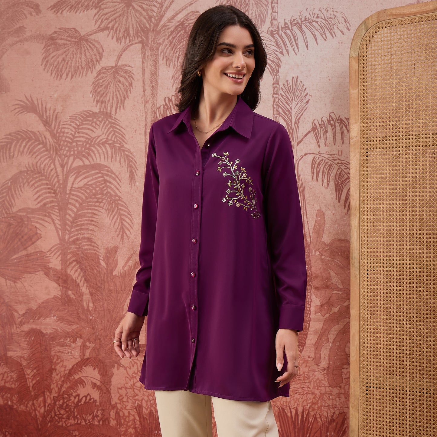 Purple Embellished Casual Shirt