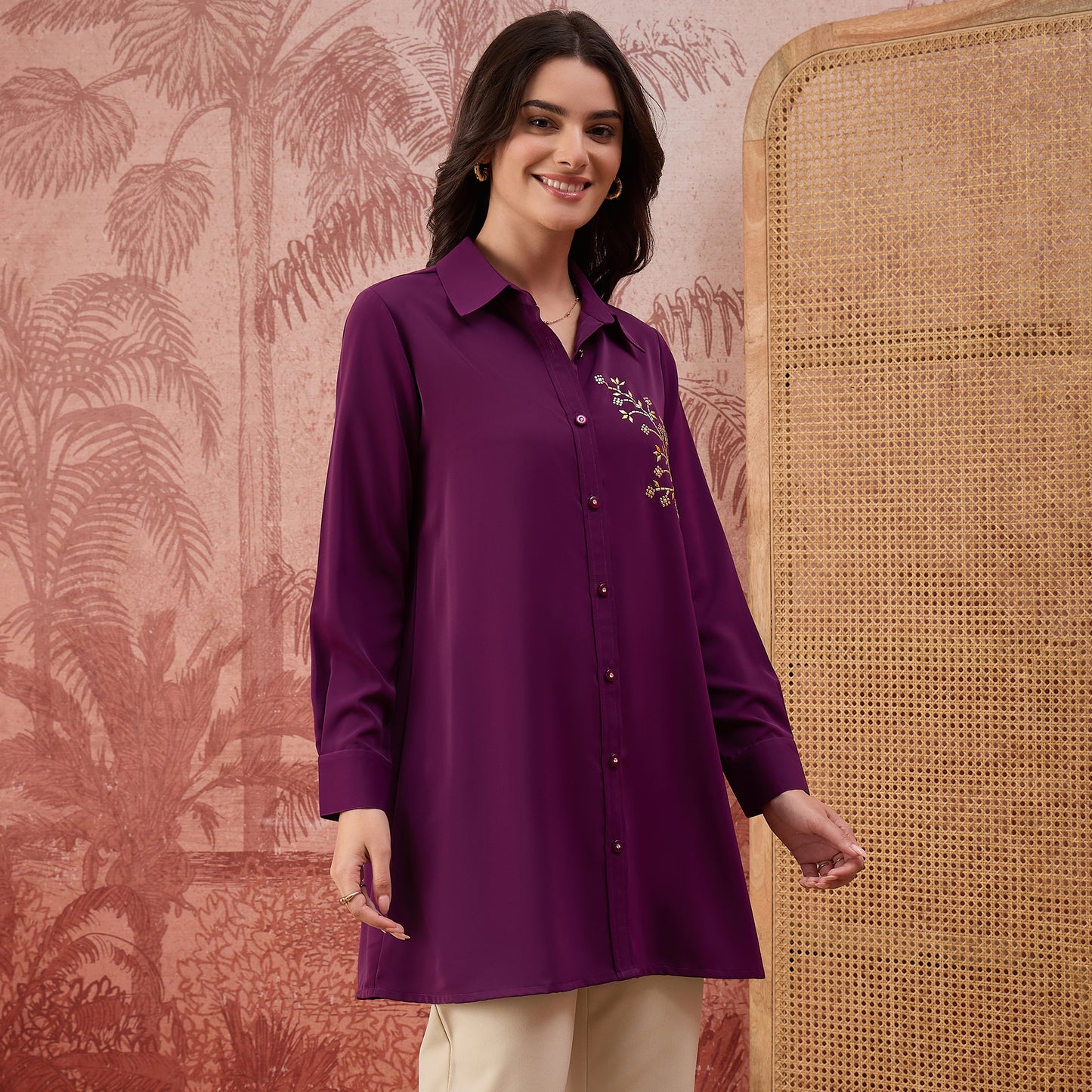 Purple Embellished Casual Shirt