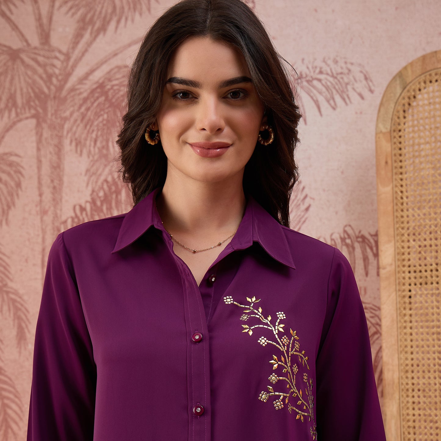 Purple Embellished Casual Shirt