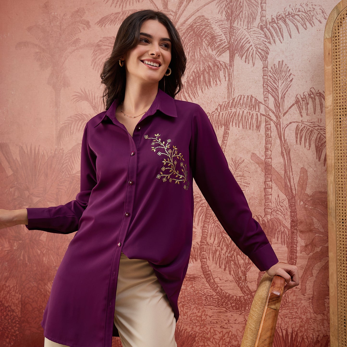 Purple Embellished Casual Shirt