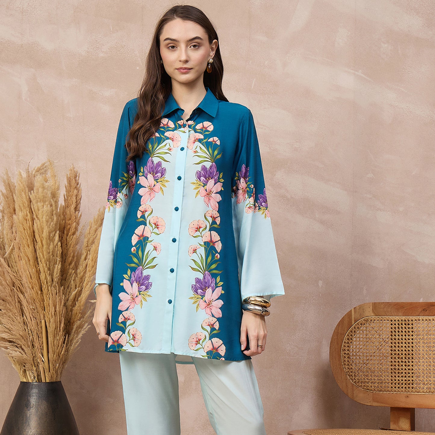 Blue Floral Print Shirt for Women – Bamberg Muslin | First Resort by Ramola Bachchan