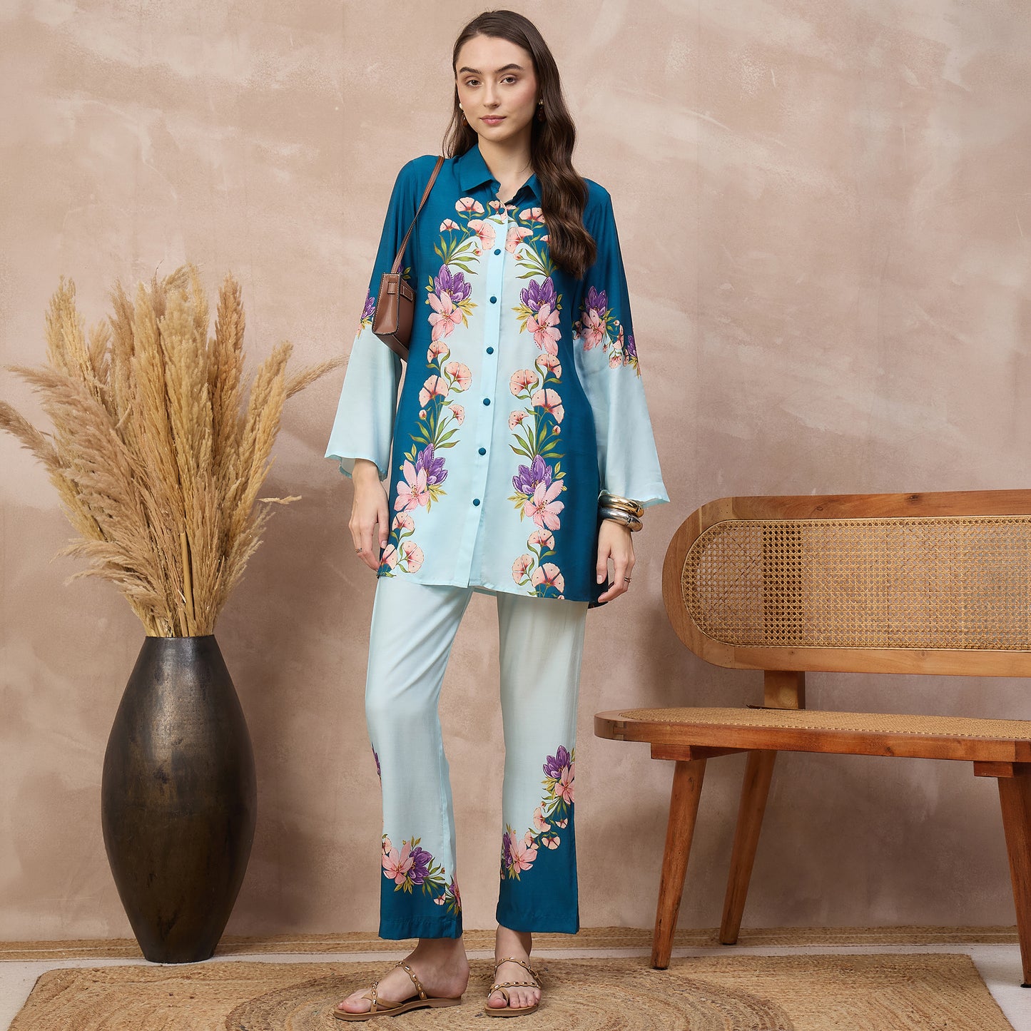 Blue Floral Print Shirt for Women – Bamberg Muslin – Front View | First Resort by Ramola Bachchan