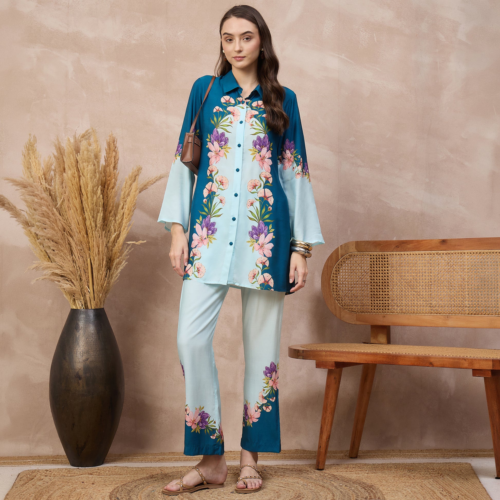 Blue Floral Print Shirt for Women – Bamberg Muslin – Front View | First Resort by Ramola Bachchan