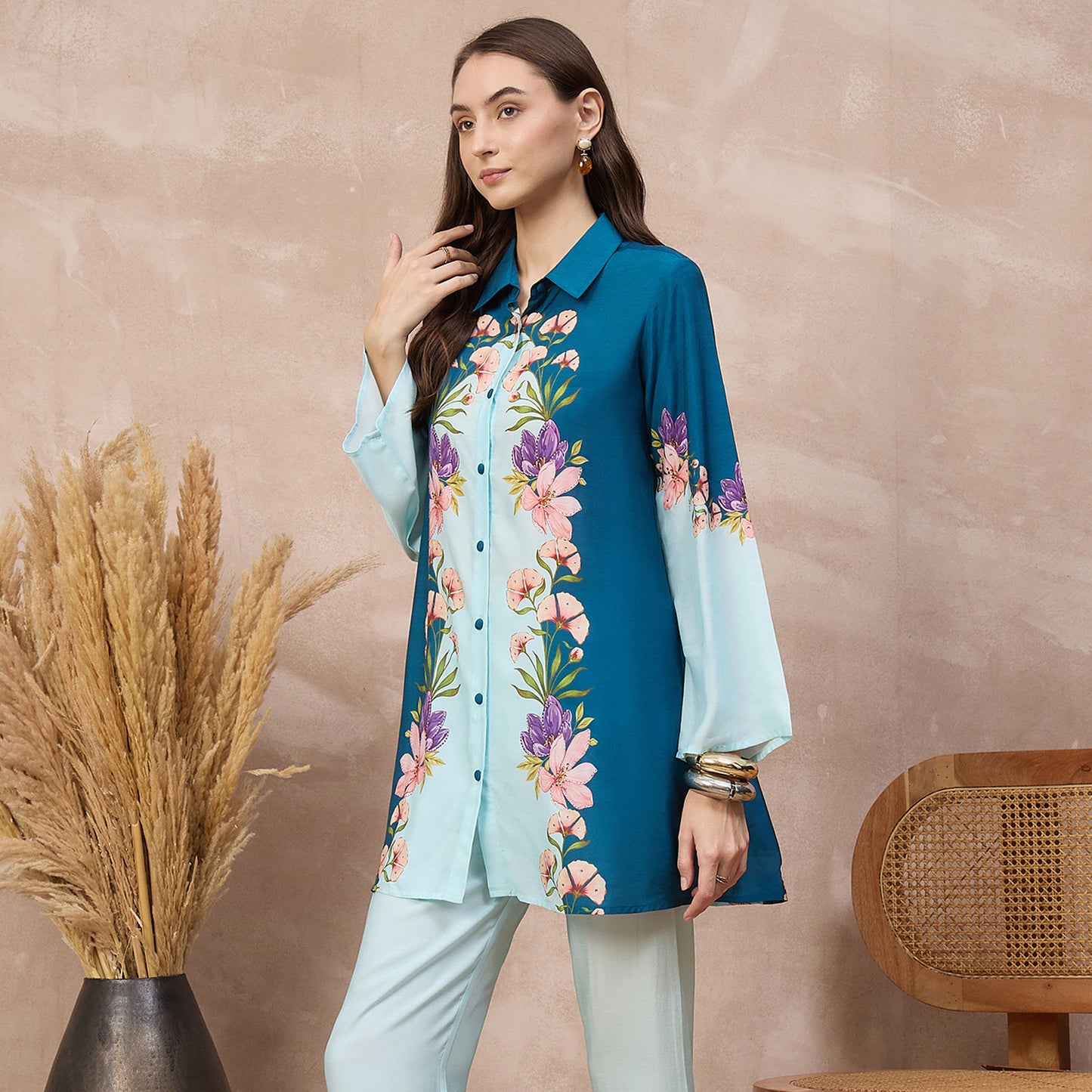 Blue Floral Print Shirt for Women – Bamberg Muslin – Model View | First Resort by Ramola Bachchan