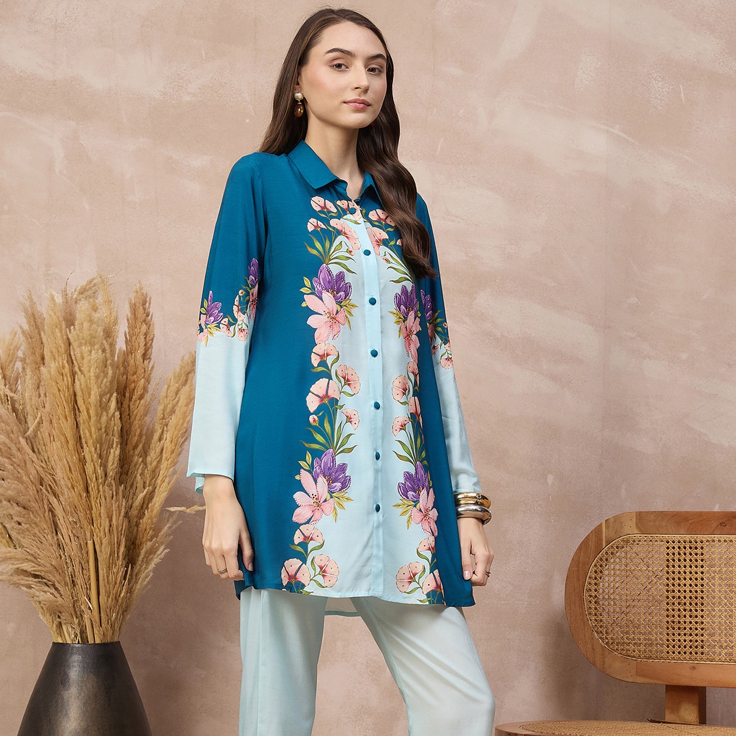 Blue Floral Print Shirt for Women – Bamberg Muslin – Side View | First Resort by Ramola Bachchan