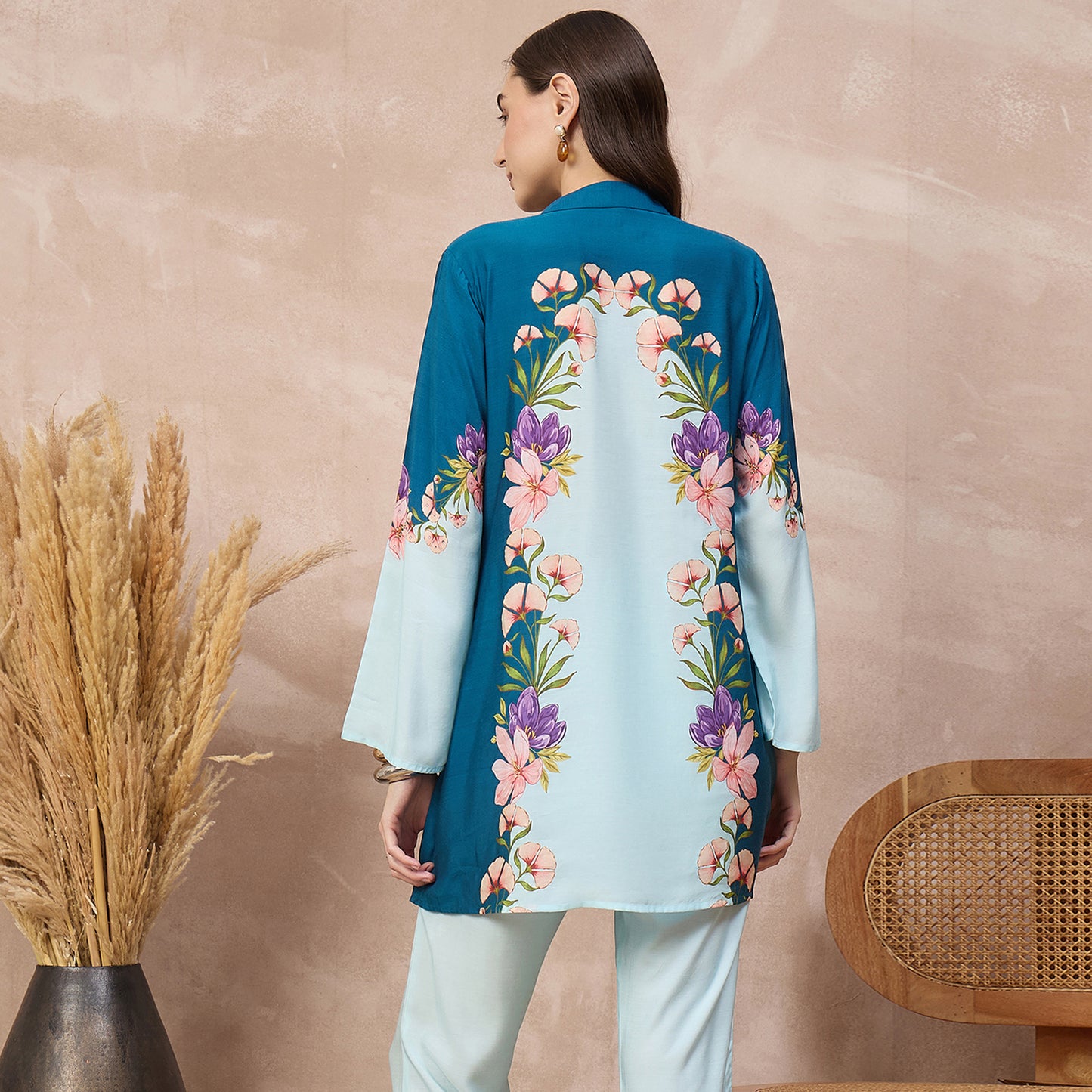 Blue Floral Print Shirt for Women – Bamberg Muslin – Detail View | First Resort by Ramola Bachchan