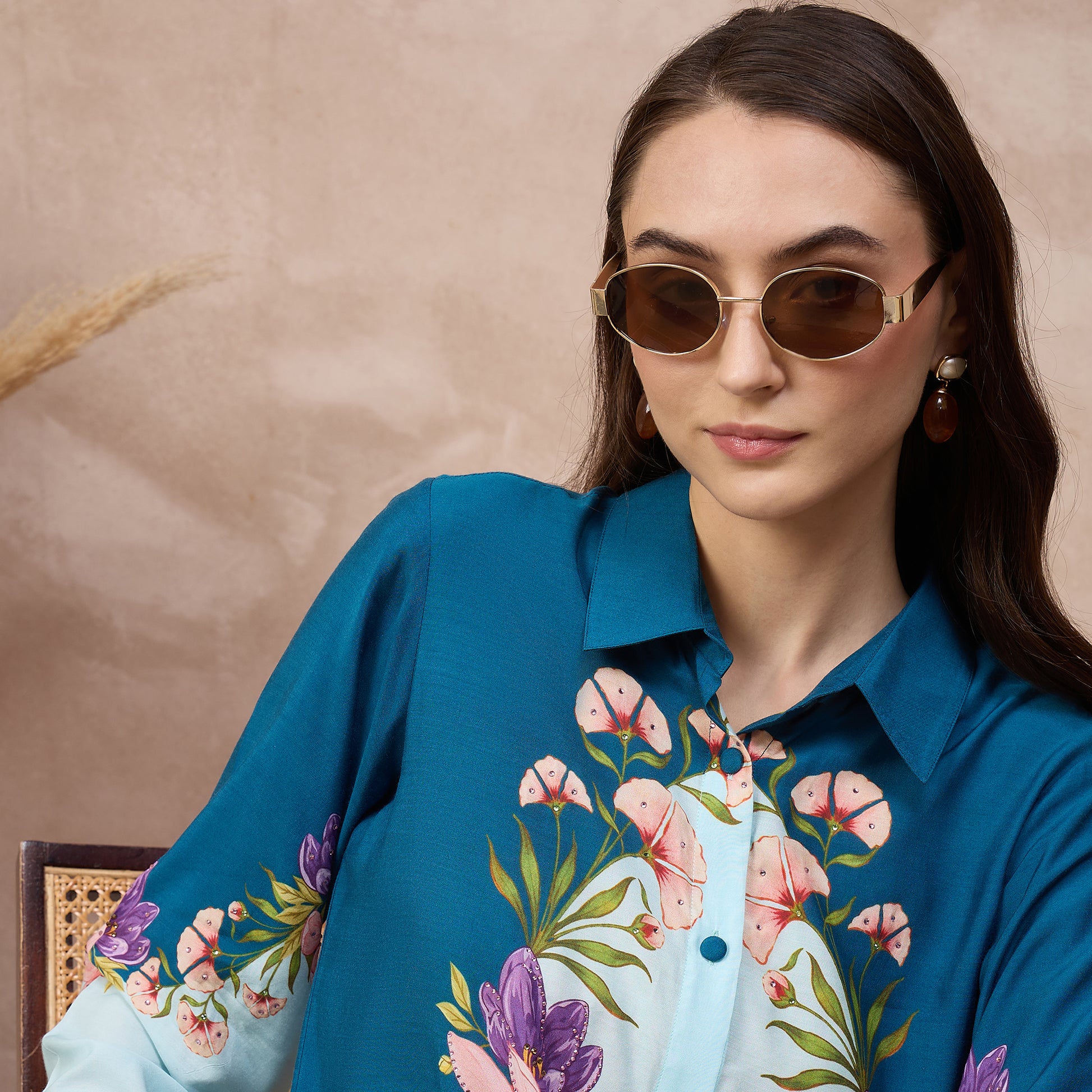 Blue Floral Print Shirt for Women – Bamberg Muslin – Back View | First Resort by Ramola Bachchan