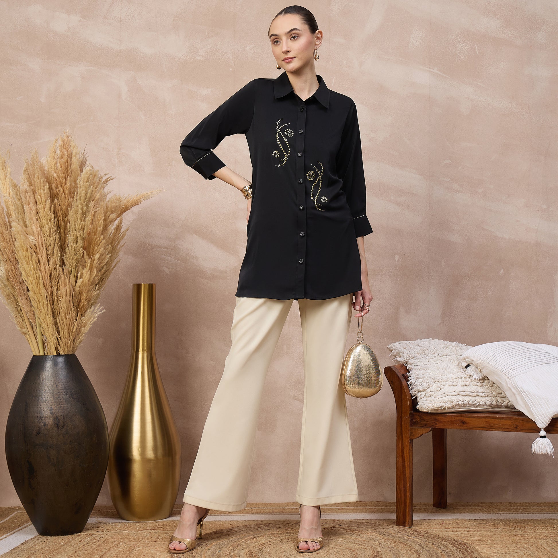 Black Shirt for Women – Polyester Crepe – Front View | First Resort by Ramola Bachchan