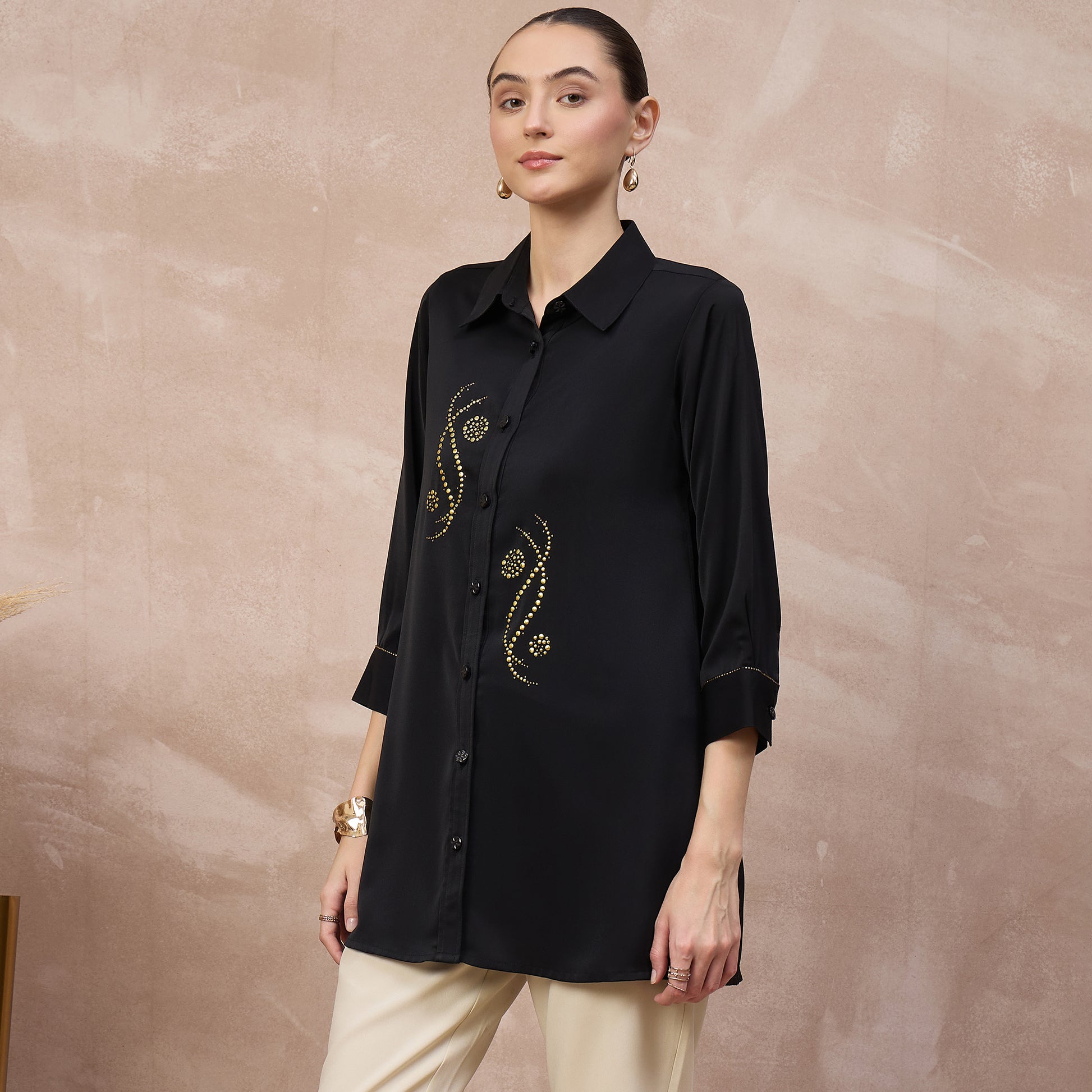 Black Shirt for Women – Polyester Crepe – Model View | First Resort by Ramola Bachchan