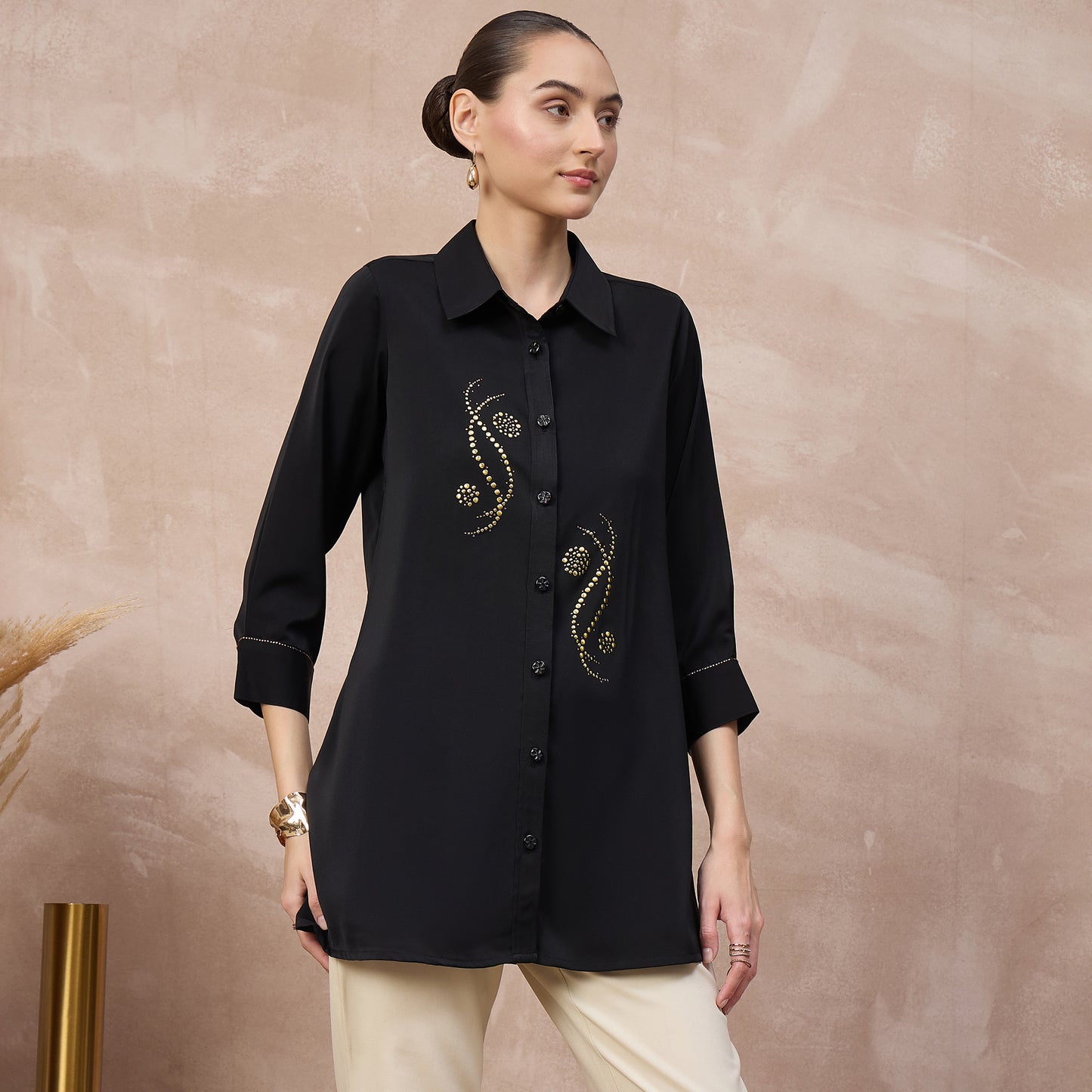 Black Shirt for Women – Polyester Crepe – Side View | First Resort by Ramola Bachchan