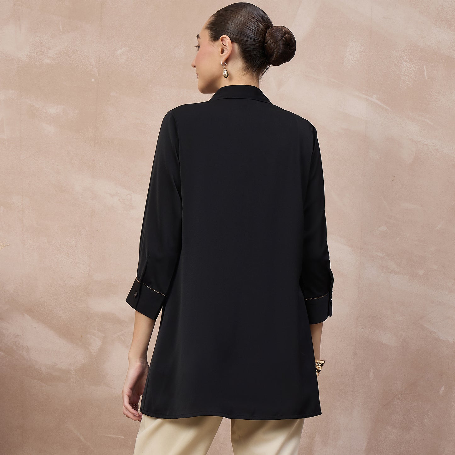 Black Shirt for Women – Polyester Crepe – Detail View | First Resort by Ramola Bachchan