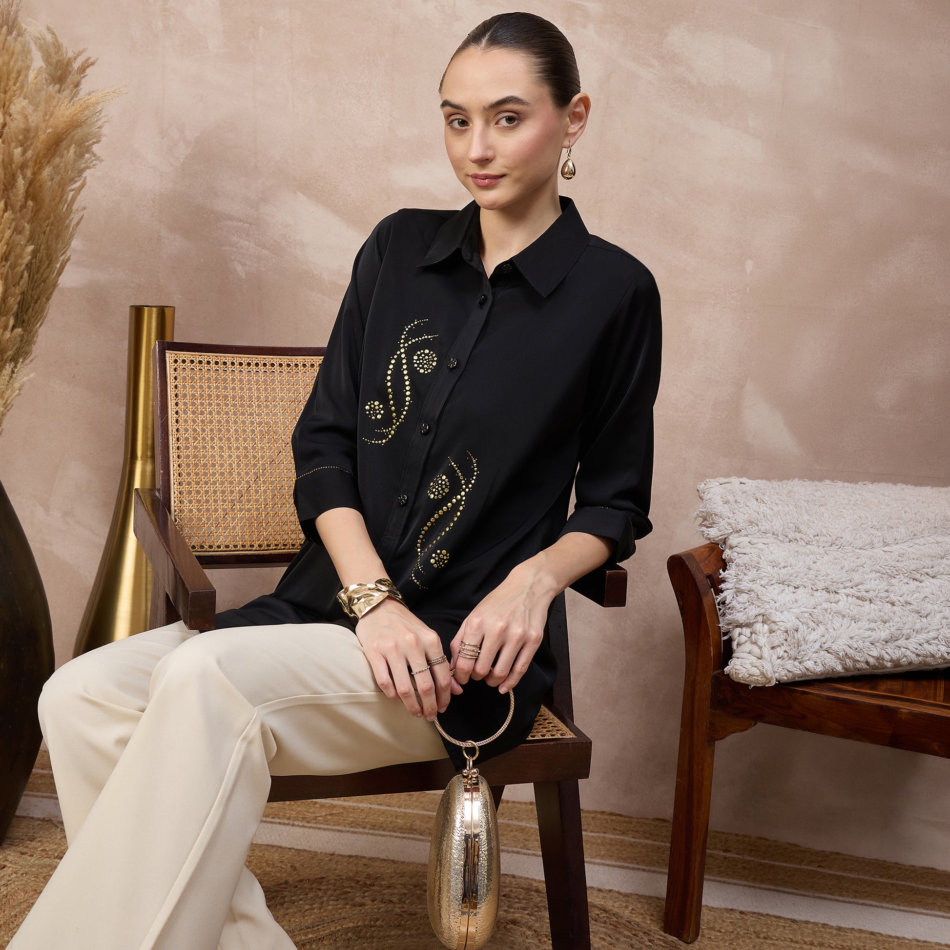 Black Shirt for Women – Polyester Crepe – Back View | First Resort by Ramola Bachchan