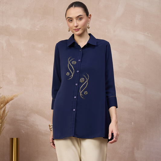 Navy Blue Shirt for Women – Polyester Crepe | First Resort by Ramola Bachchan