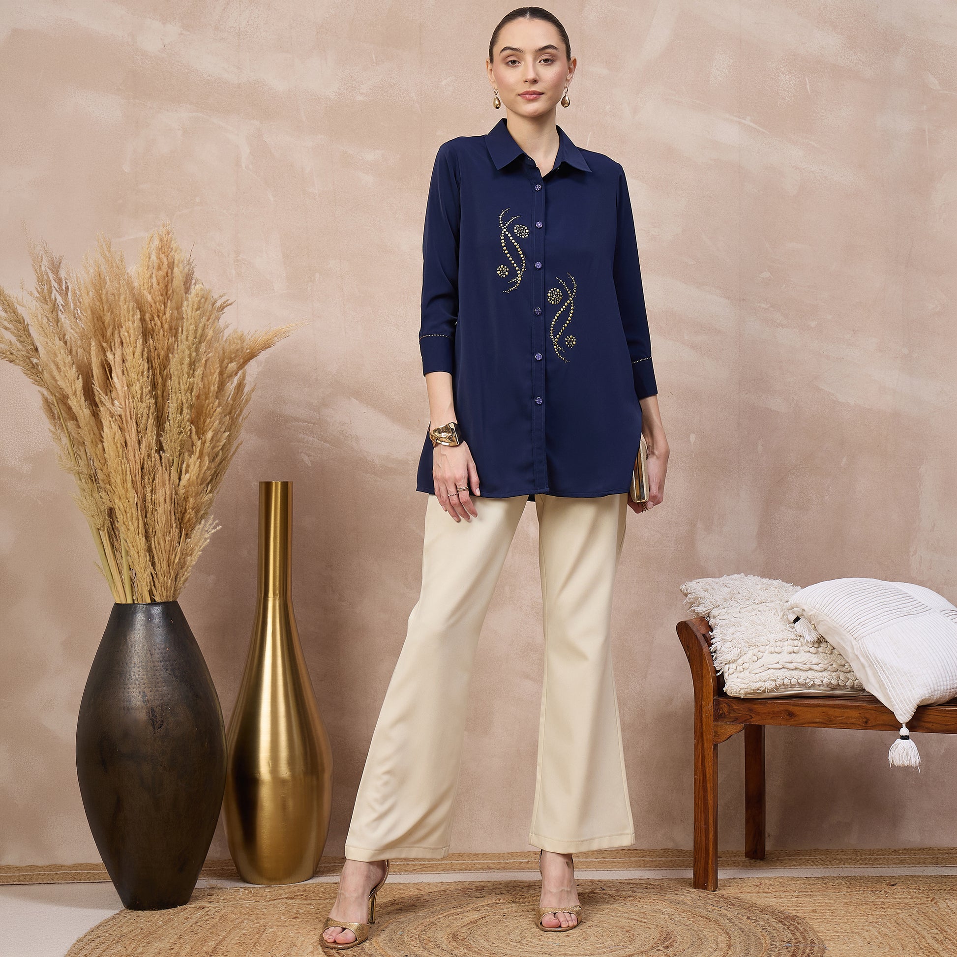 Navy Blue Shirt for Women – Polyester Crepe – Front View | First Resort by Ramola Bachchan
