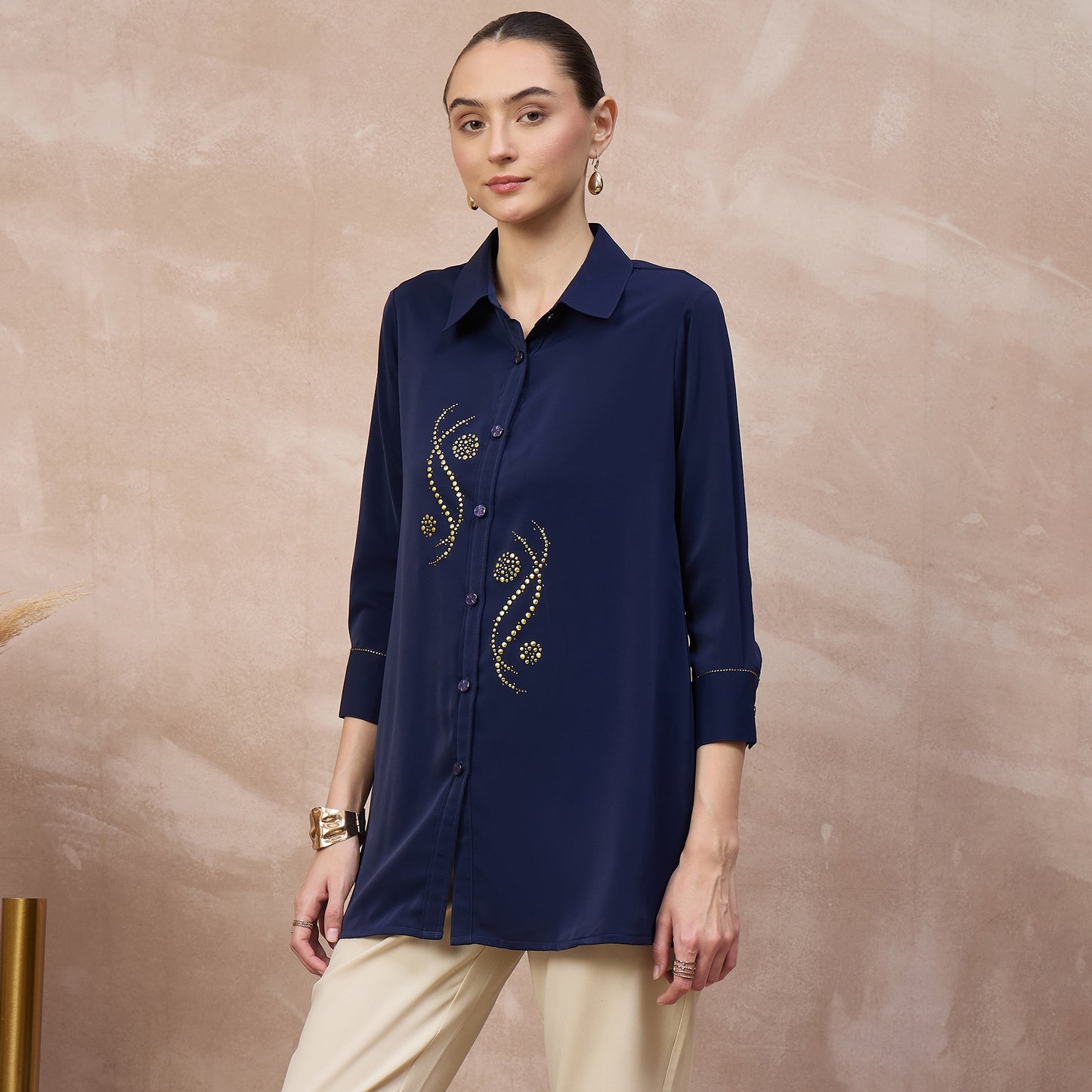 Navy Blue Shirt for Women – Polyester Crepe – Model View | First Resort by Ramola Bachchan