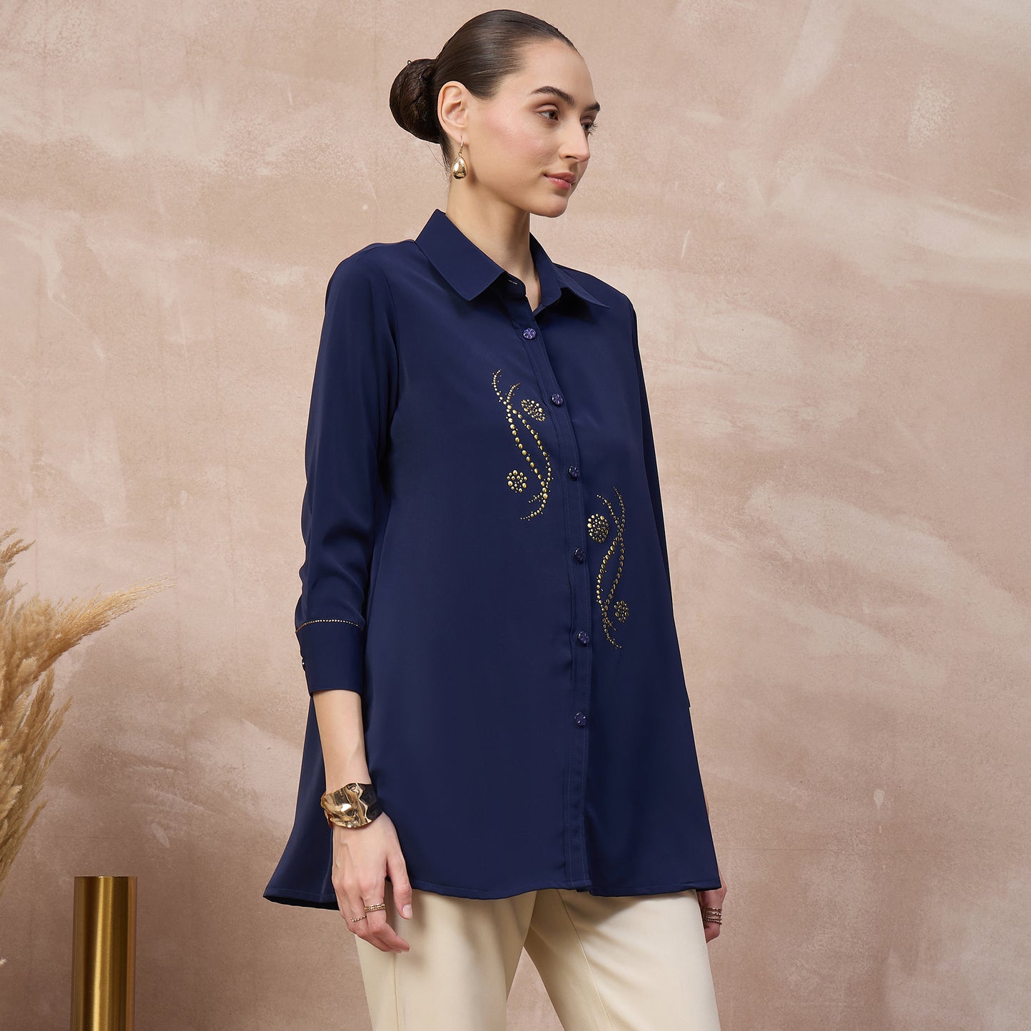 Navy Blue Shirt for Women – Polyester Crepe – Side View | First Resort by Ramola Bachchan