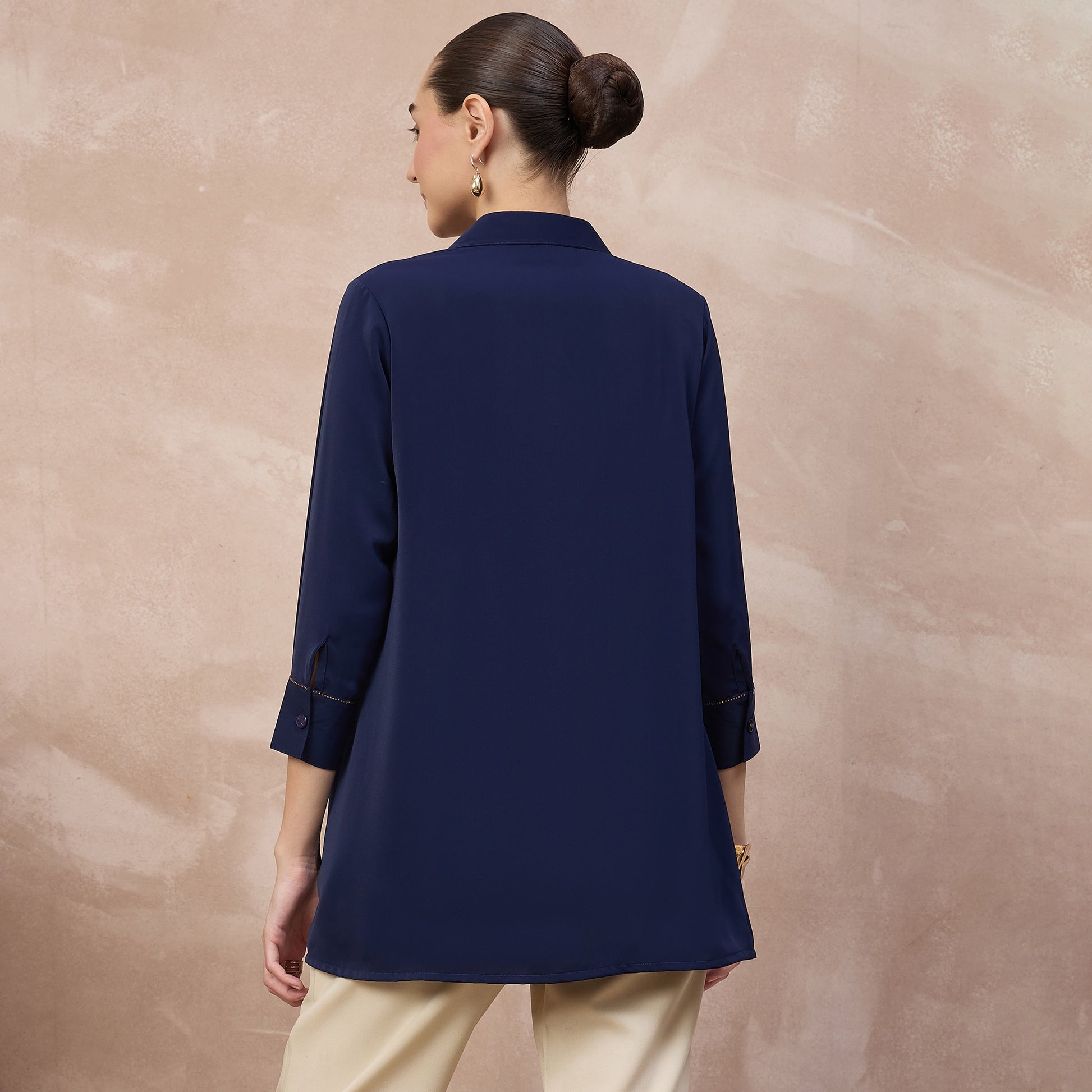 Navy Blue Shirt for Women – Polyester Crepe – Detail View | First Resort by Ramola Bachchan