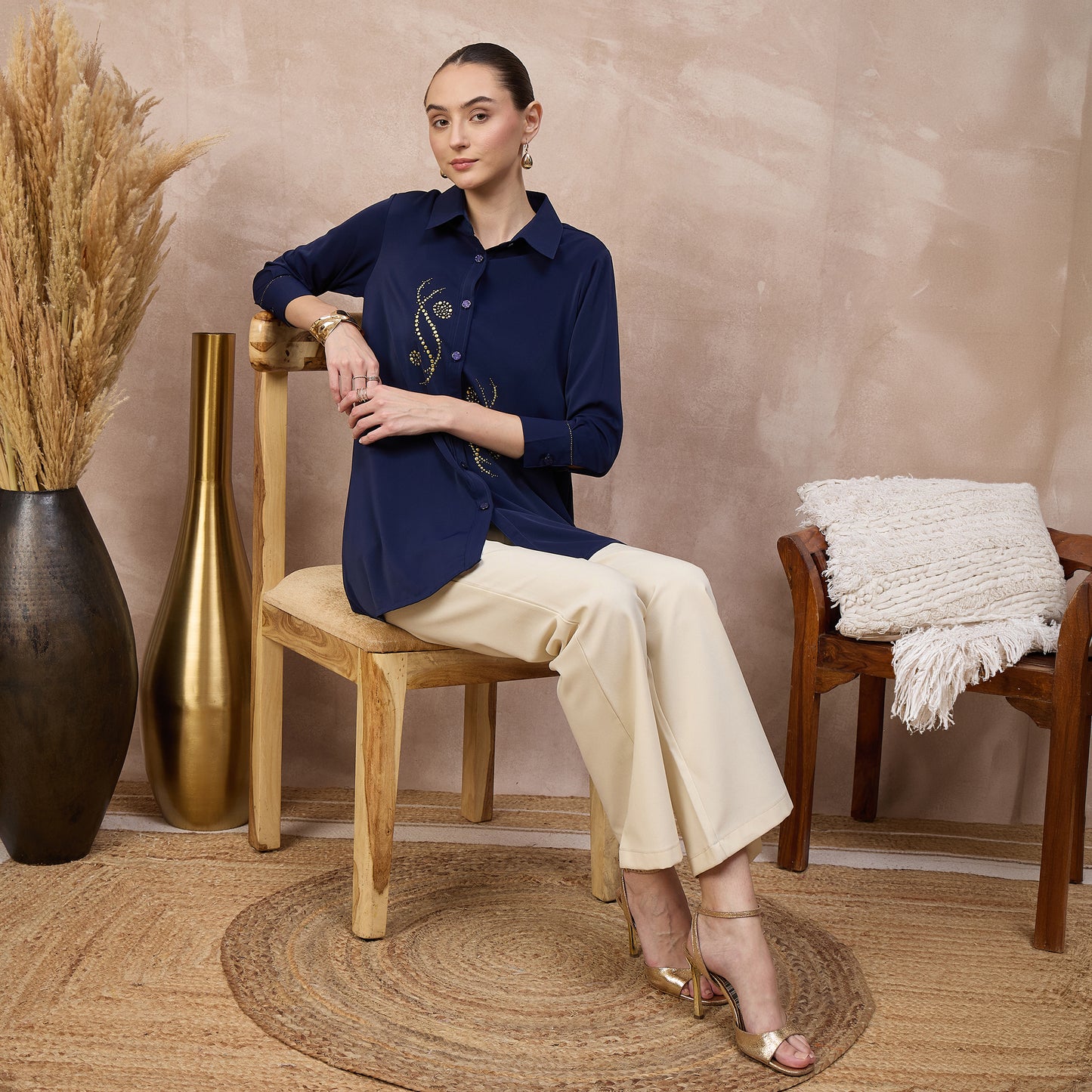 Navy Blue Shirt for Women – Polyester Crepe – Back View | First Resort by Ramola Bachchan