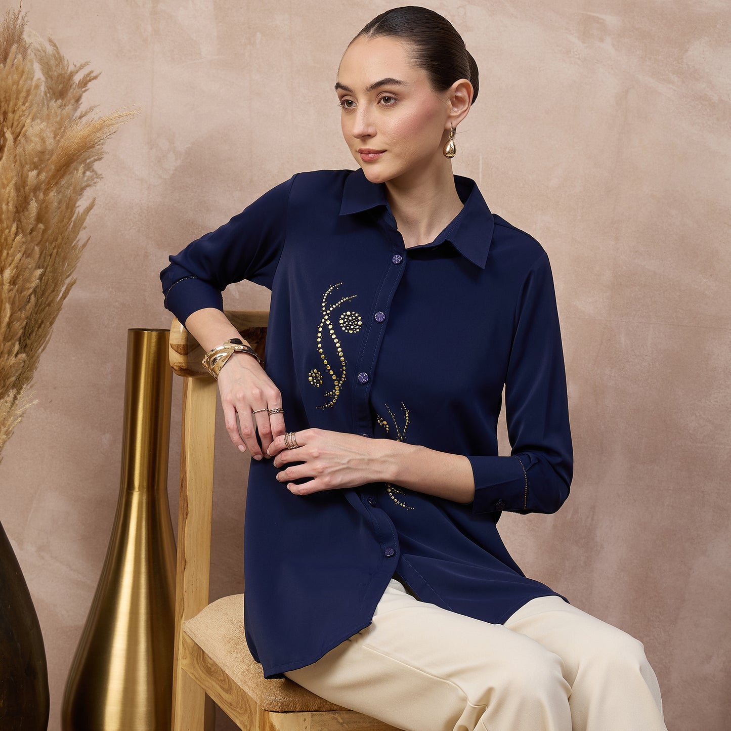 Navy Blue Shirt for Women – Polyester Crepe – Close Up | First Resort by Ramola Bachchan