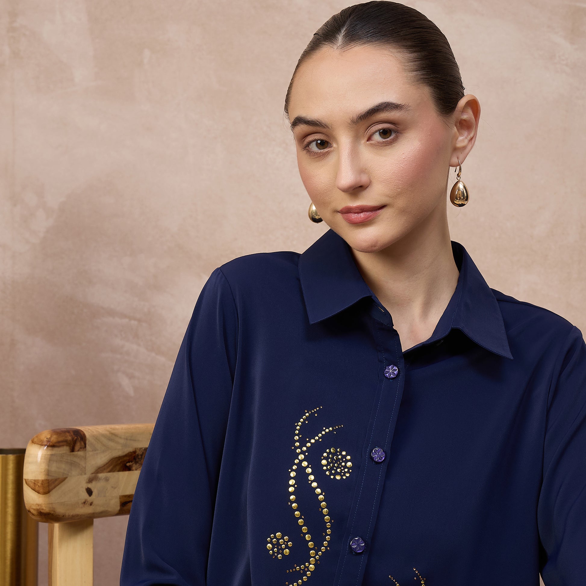 Navy Blue Shirt for Women – Polyester Crepe | First Resort by Ramola Bachchan