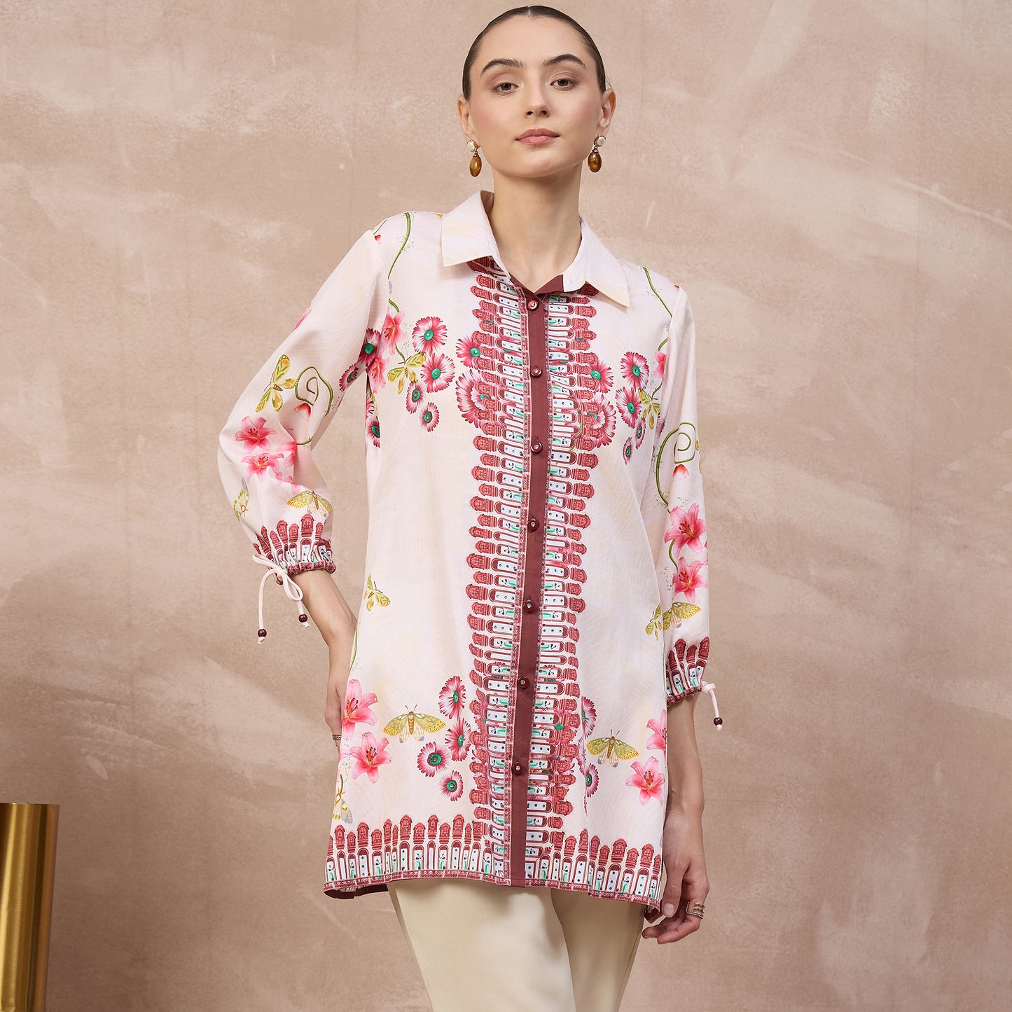 Beige and Red Floral Print Shirt for Women – Cotton Satin | First Resort by Ramola Bachchan