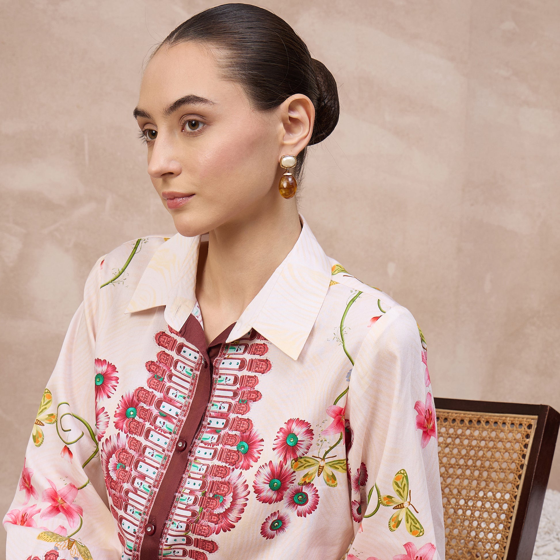 Beige and Red Floral Print Shirt for Women – Cotton Satin – Front View | First Resort by Ramola Bachchan