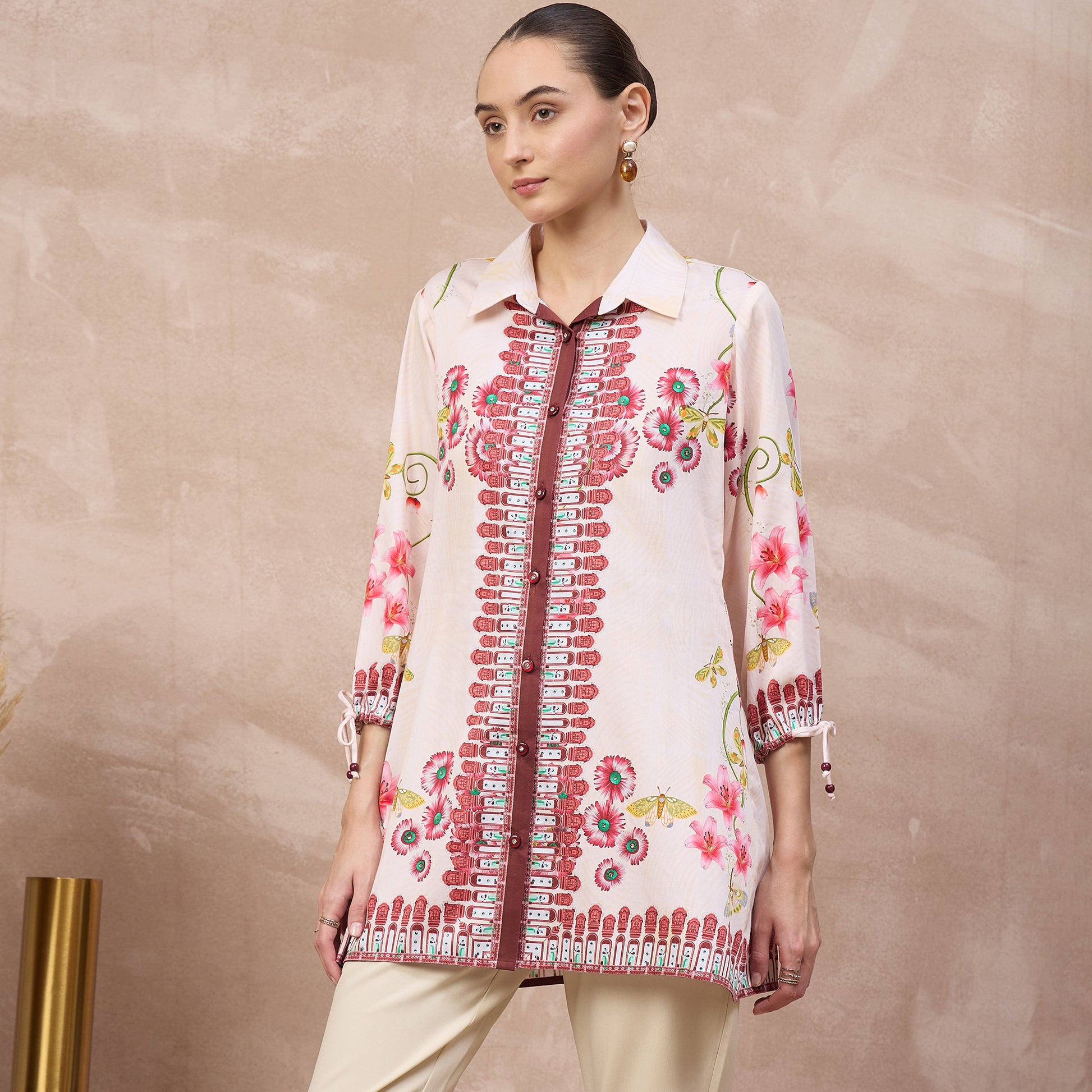 Beige and Red Floral Print Shirt for Women – Cotton Satin – Model View | First Resort by Ramola Bachchan