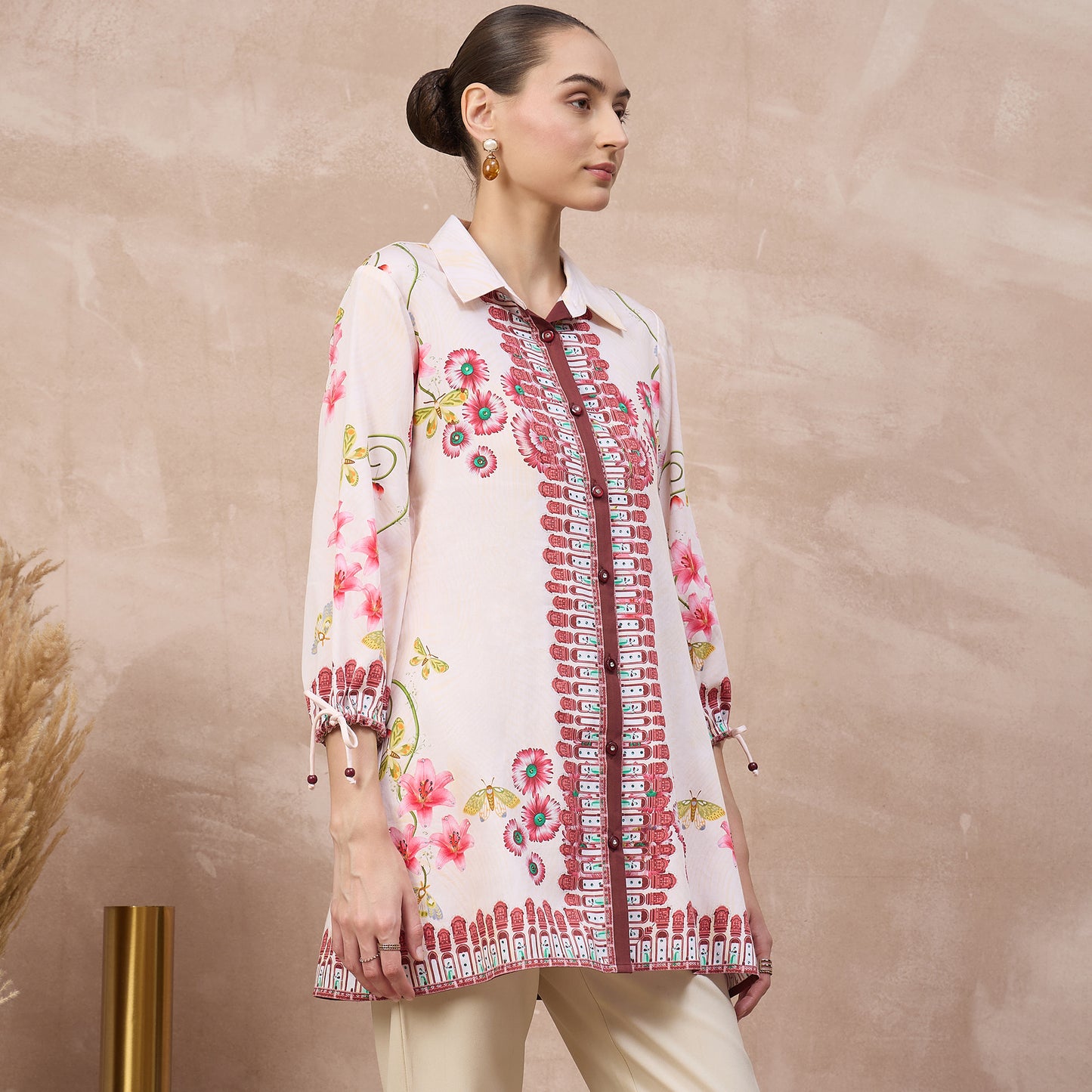Beige and Red Floral Print Shirt for Women – Cotton Satin – Side View | First Resort by Ramola Bachchan