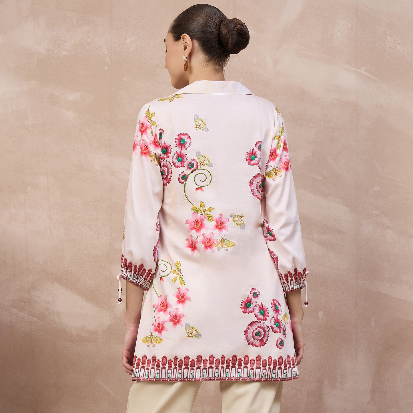 Beige and Red Floral Print Shirt for Women – Cotton Satin – Detail View | First Resort by Ramola Bachchan