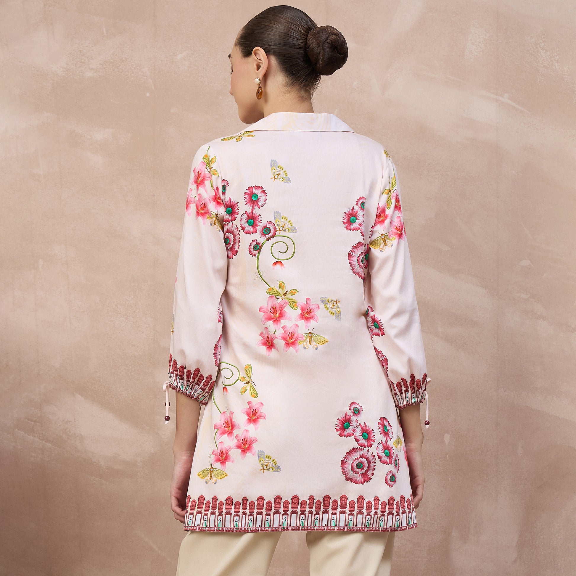 Beige and Red Floral Print Shirt for Women – Cotton Satin – Detail View | First Resort by Ramola Bachchan