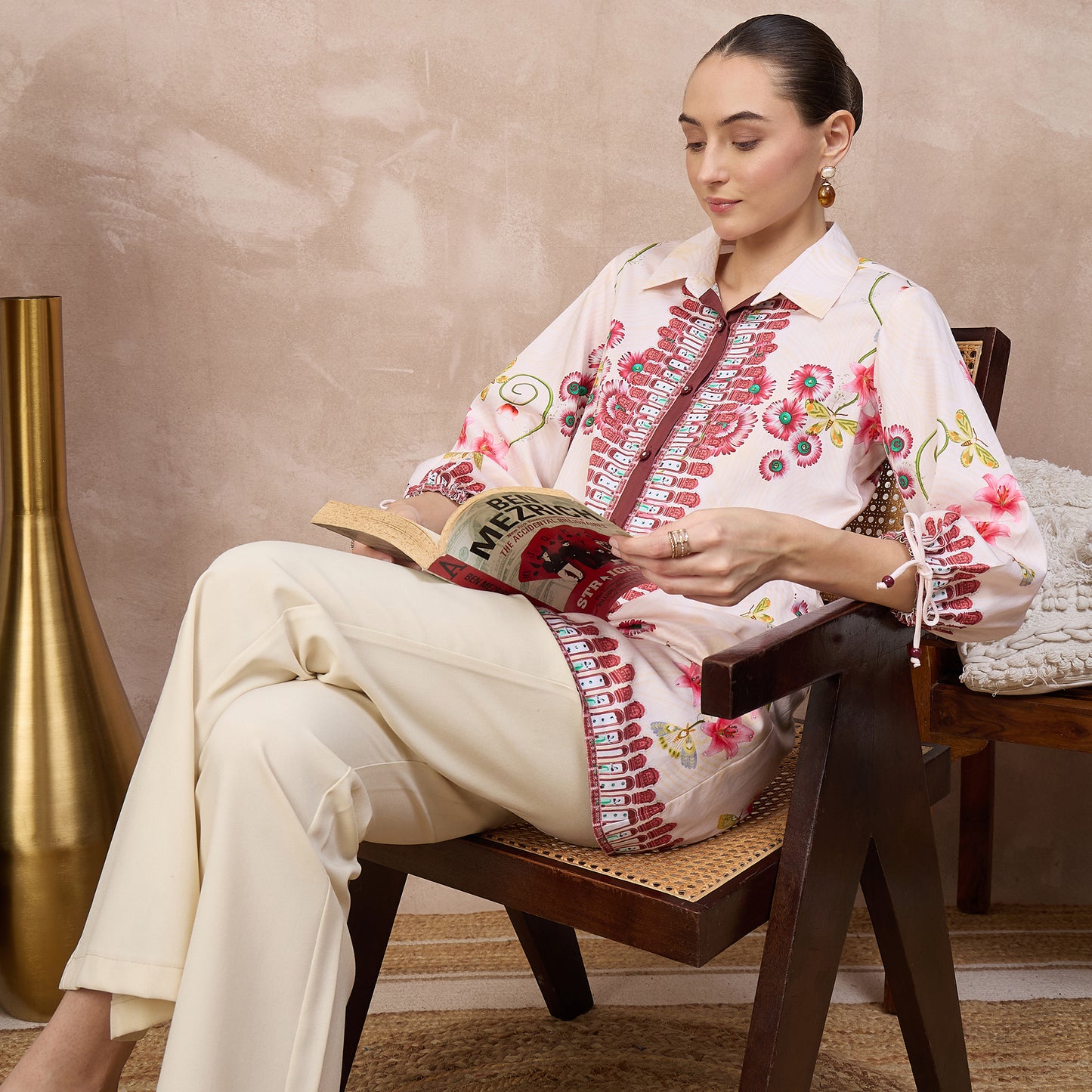 Beige and Red Floral Print Shirt for Women – Cotton Satin – Back View | First Resort by Ramola Bachchan