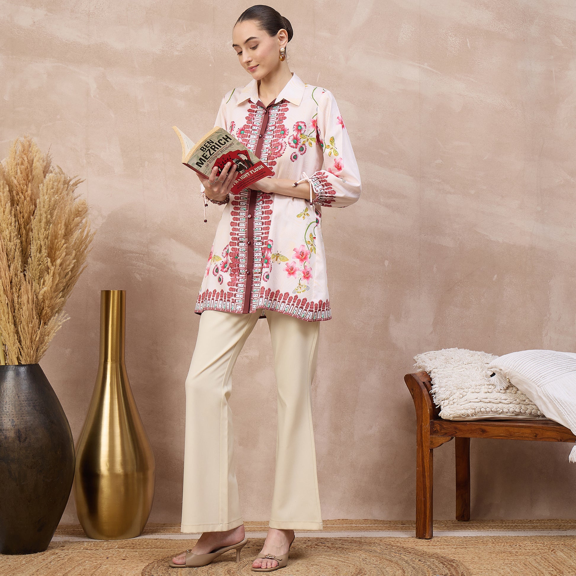Beige and Red Floral Print Shirt for Women – Cotton Satin – Close Up | First Resort by Ramola Bachchan