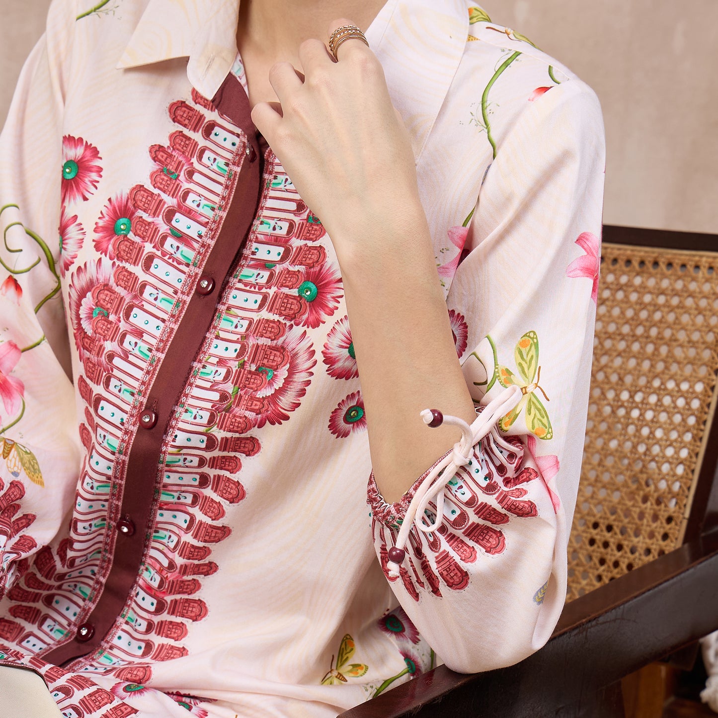 Beige and Red Floral Print Shirt for Women – Cotton Satin | First Resort by Ramola Bachchan