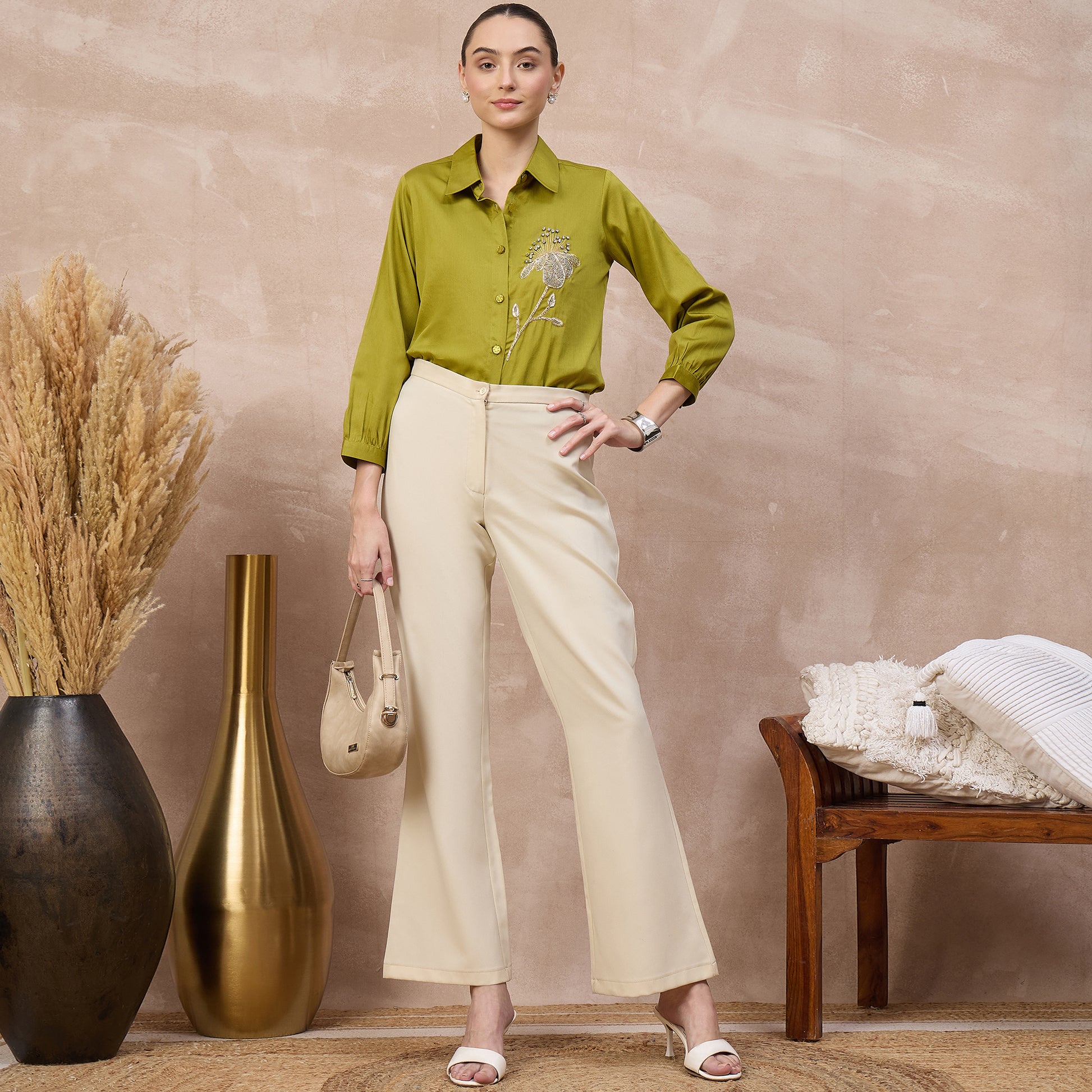Olive Shirt for Women – Cotton Satin – Front View | First Resort by Ramola Bachchan